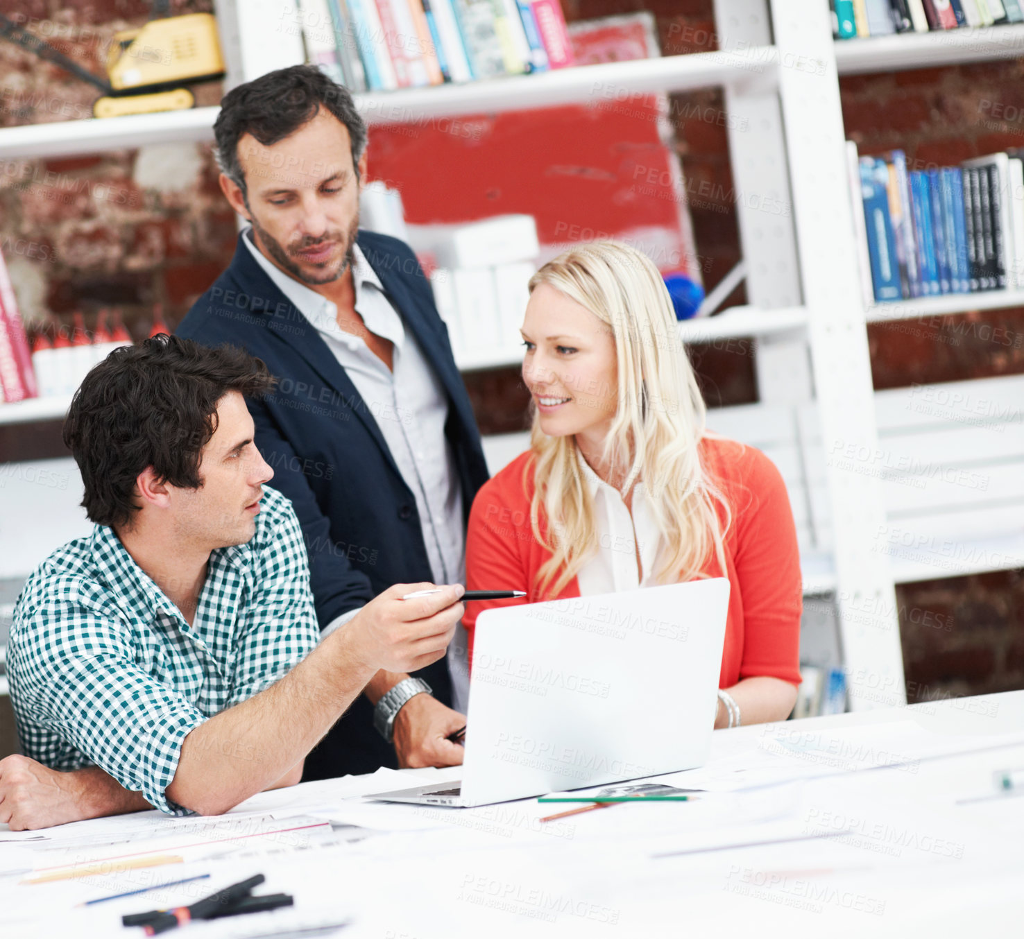 Buy stock photo People, architect and talking in office with laptop, research and blueprint for architecture. Team, meeting and tech in workplace with documents, floor plan and information for building development