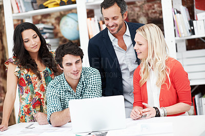 Buy stock photo People, architect and reading in office with laptop, research and blueprint for architecture. Team, meeting and tech in workplace with documents, floor plan and information for building development