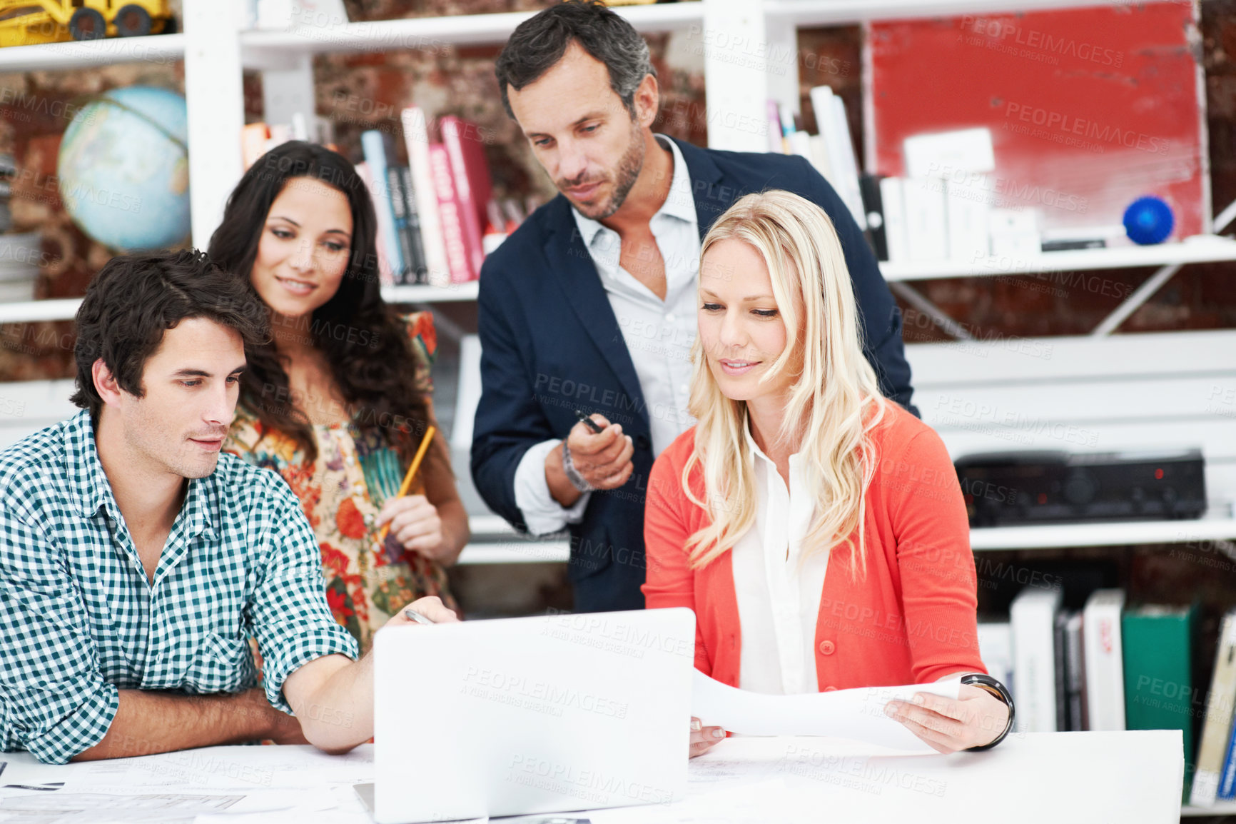 Buy stock photo Creative, people and architect in meeting with laptop, research and blueprint for architecture. Team, planning and pc in workplace with documents, floor plan and information for building development