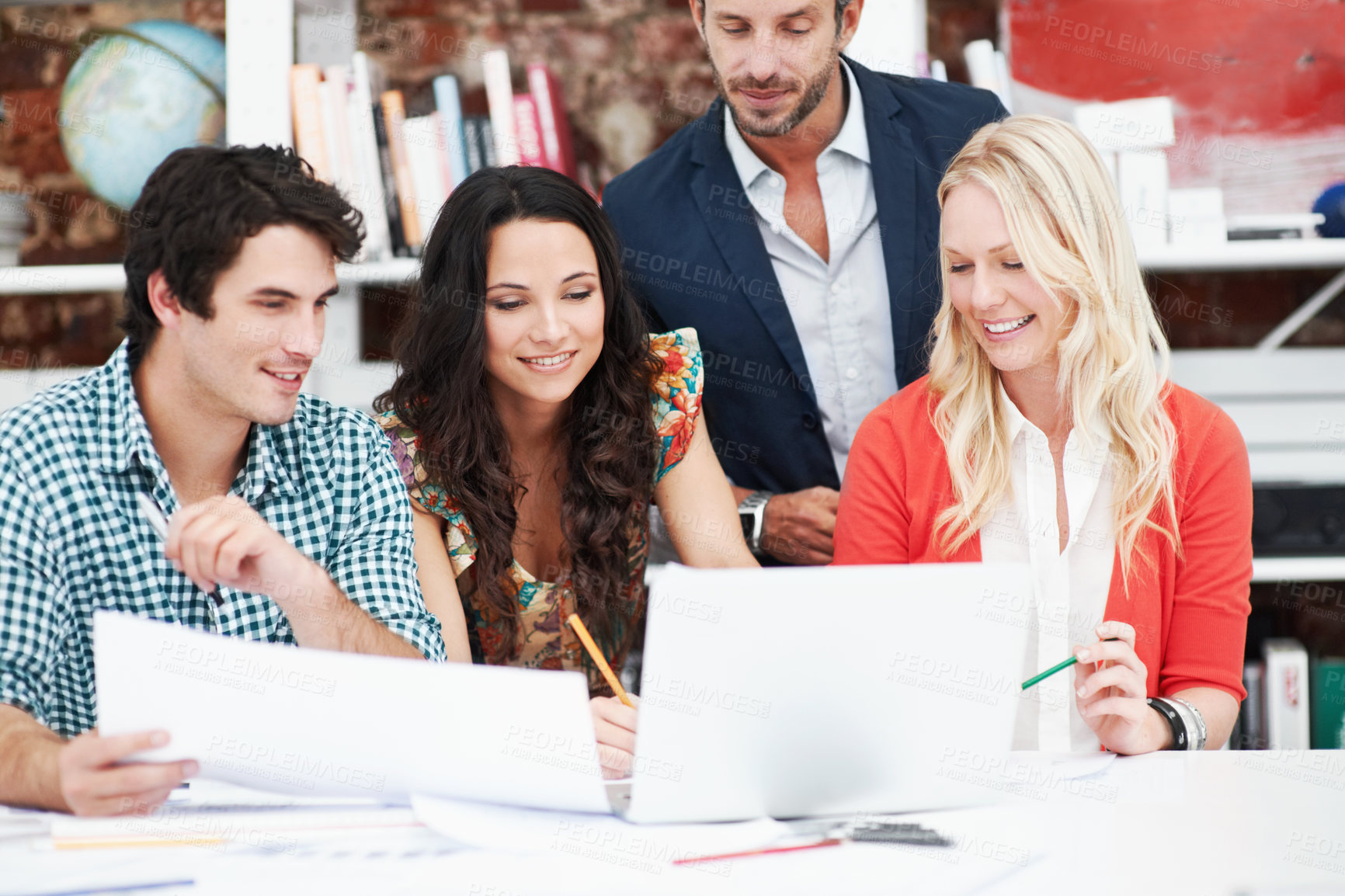 Buy stock photo Laptop, meeting and team with business people in office for interior design briefing, review and documents. Architect project timeline, collaboration and floor plan pitch with employees in agency
