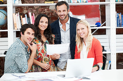 Buy stock photo Laptop, meeting and portrait of business people in office for interior design briefing, about us and team. Architect project timeline, collaboration and decor pitch with employees in creative firm