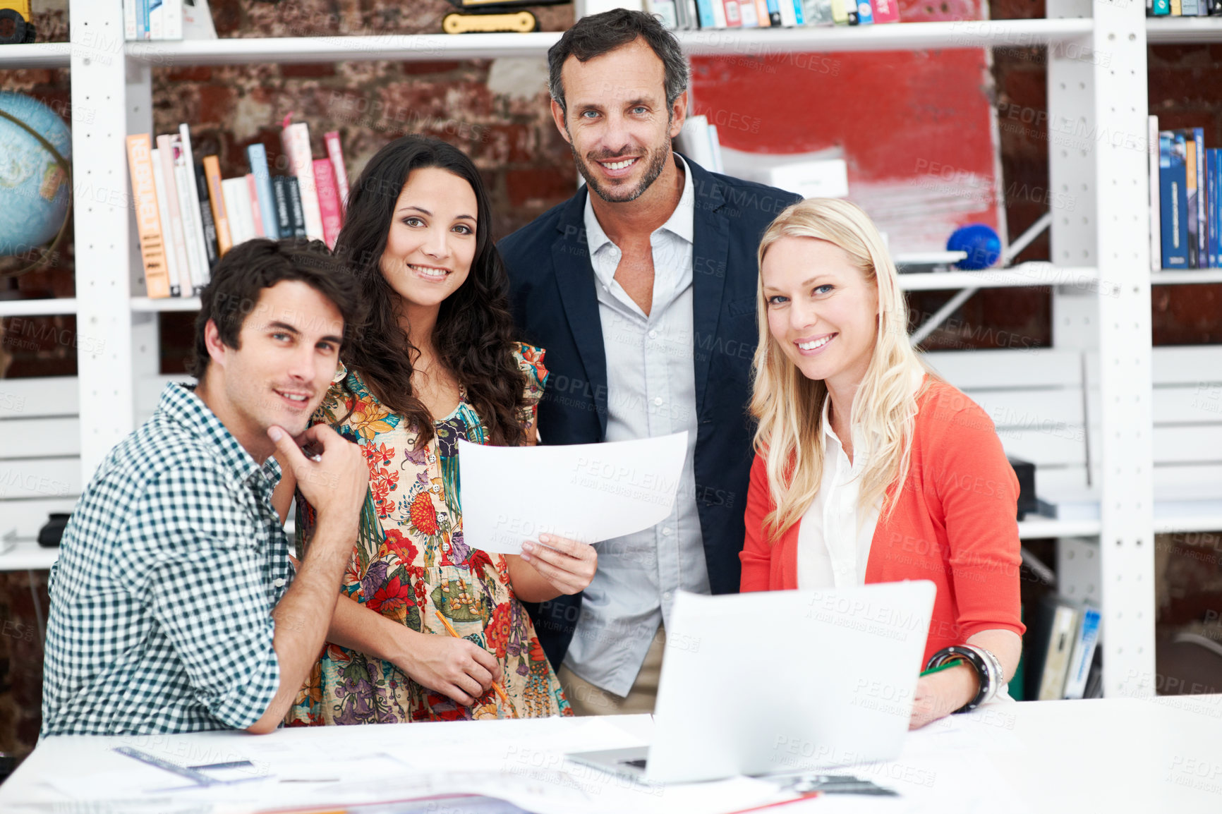 Buy stock photo Laptop, meeting and portrait of business people in office for interior design briefing, about us and team. Architect project timeline, collaboration and decor pitch with employees in creative firm