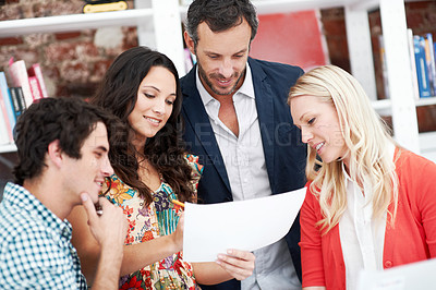 Buy stock photo Documents, manager and designer with business people in office for architect review, research and team. Meeting, digital blueprint and mentor feedback with employees in agency for creative proposal
