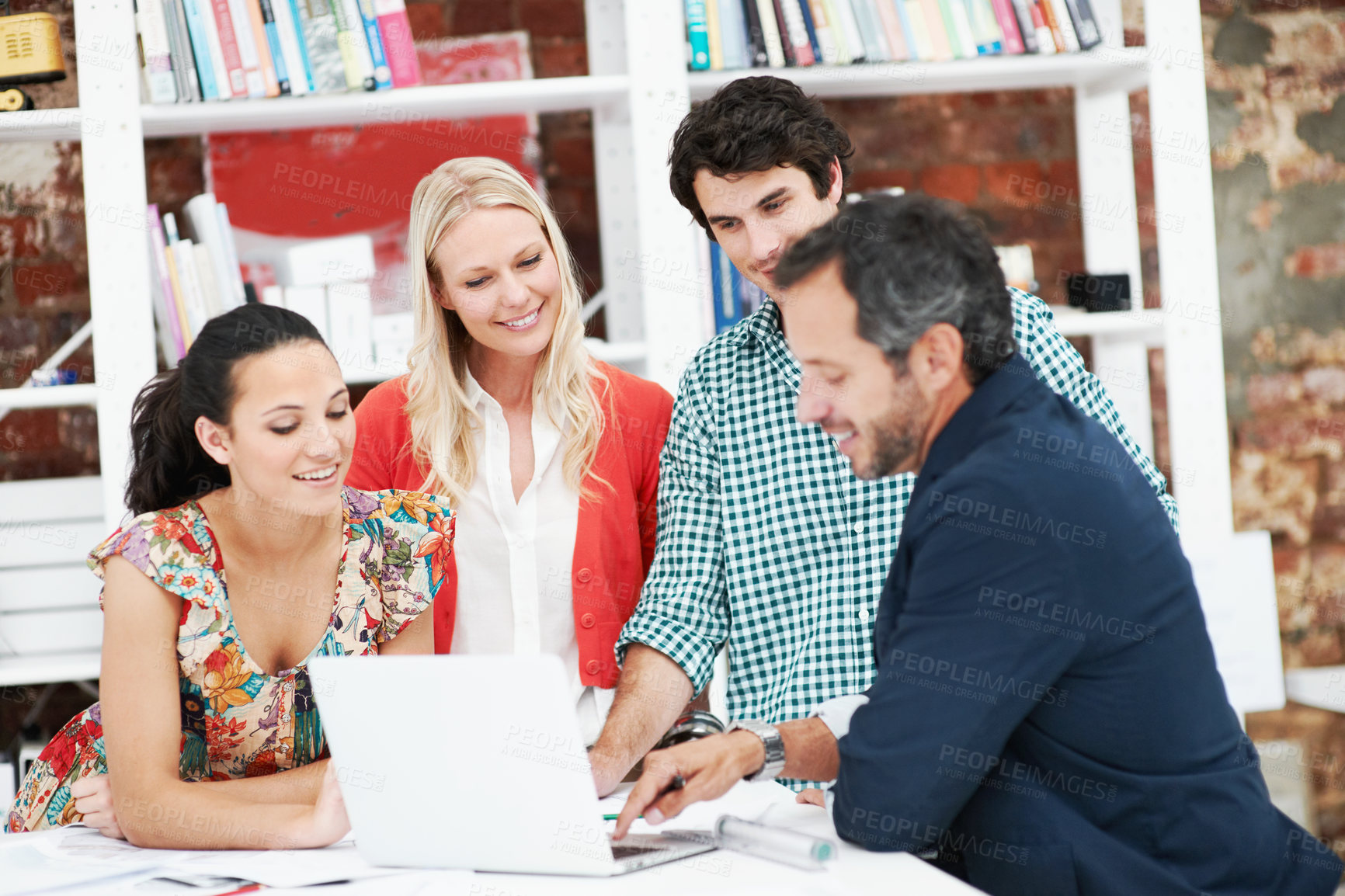 Buy stock photo Laptop, meeting and reading with business people in office for interior design briefing, review or team. Architect project timeline, collaboration and expansion pitch with employees in agency