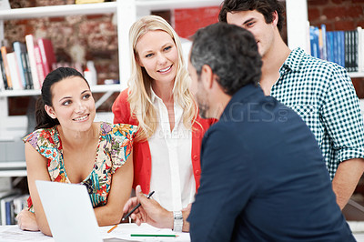 Buy stock photo Laptop, meeting and planning with business people in office for interior design briefing, review or team. Architect project timeline, collaboration and expansion pitch with employees in agency