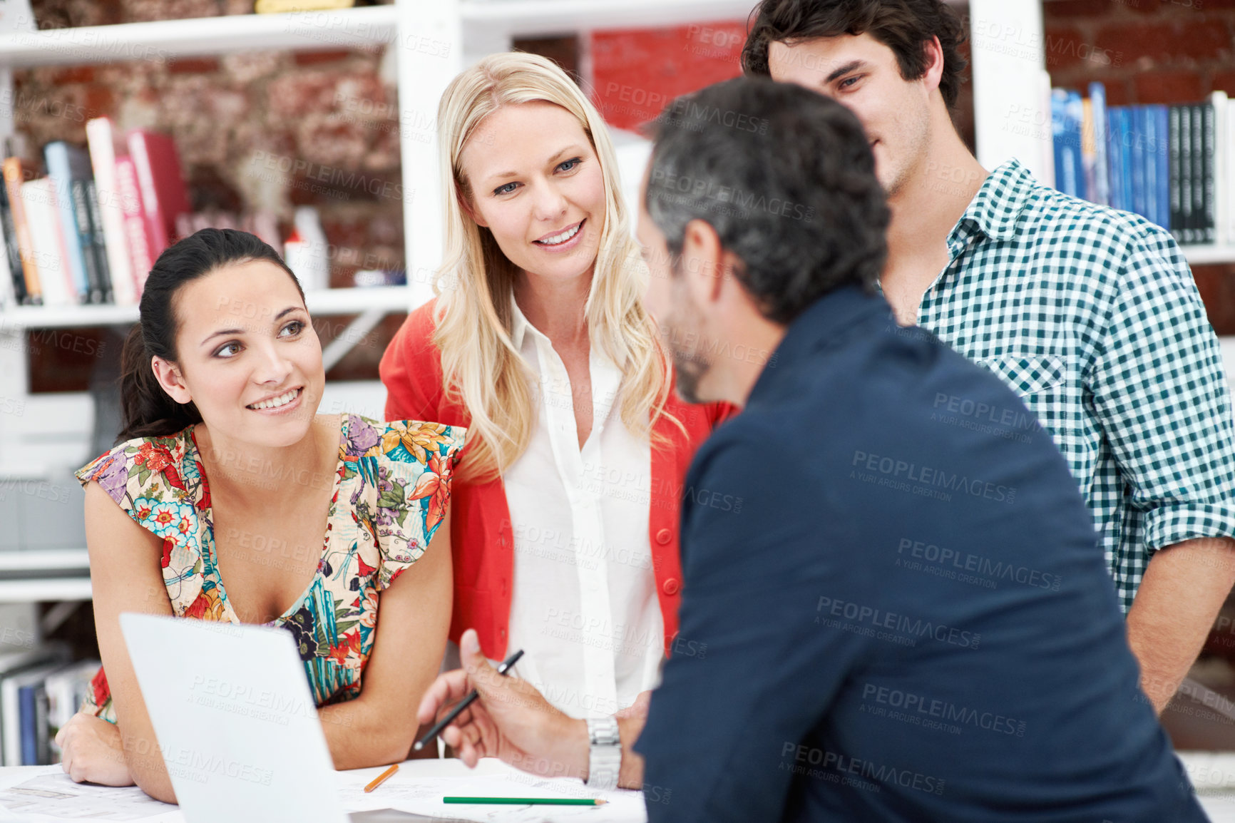 Buy stock photo Laptop, meeting and planning with business people in office for interior design briefing, review or team. Architect project timeline, collaboration and expansion pitch with employees in agency
