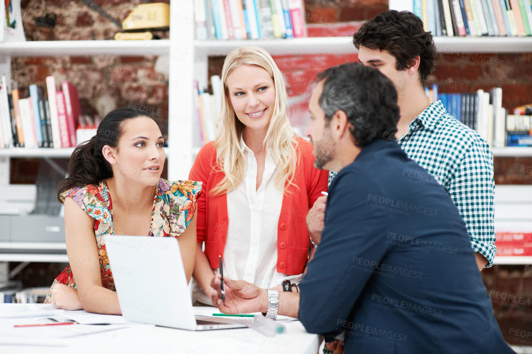 Buy stock photo Laptop, manager and designer with business people in office for architect review, research and team. Meeting, digital blueprint and mentor feedback with employees in agency for creative proposal
