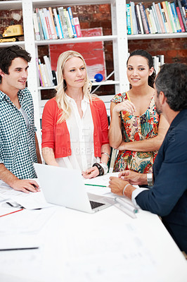 Buy stock photo Business, people and architect in meeting with laptop, blueprint and planning for architecture. Team, talk and pc in office with documents, floor plan and project information for building development