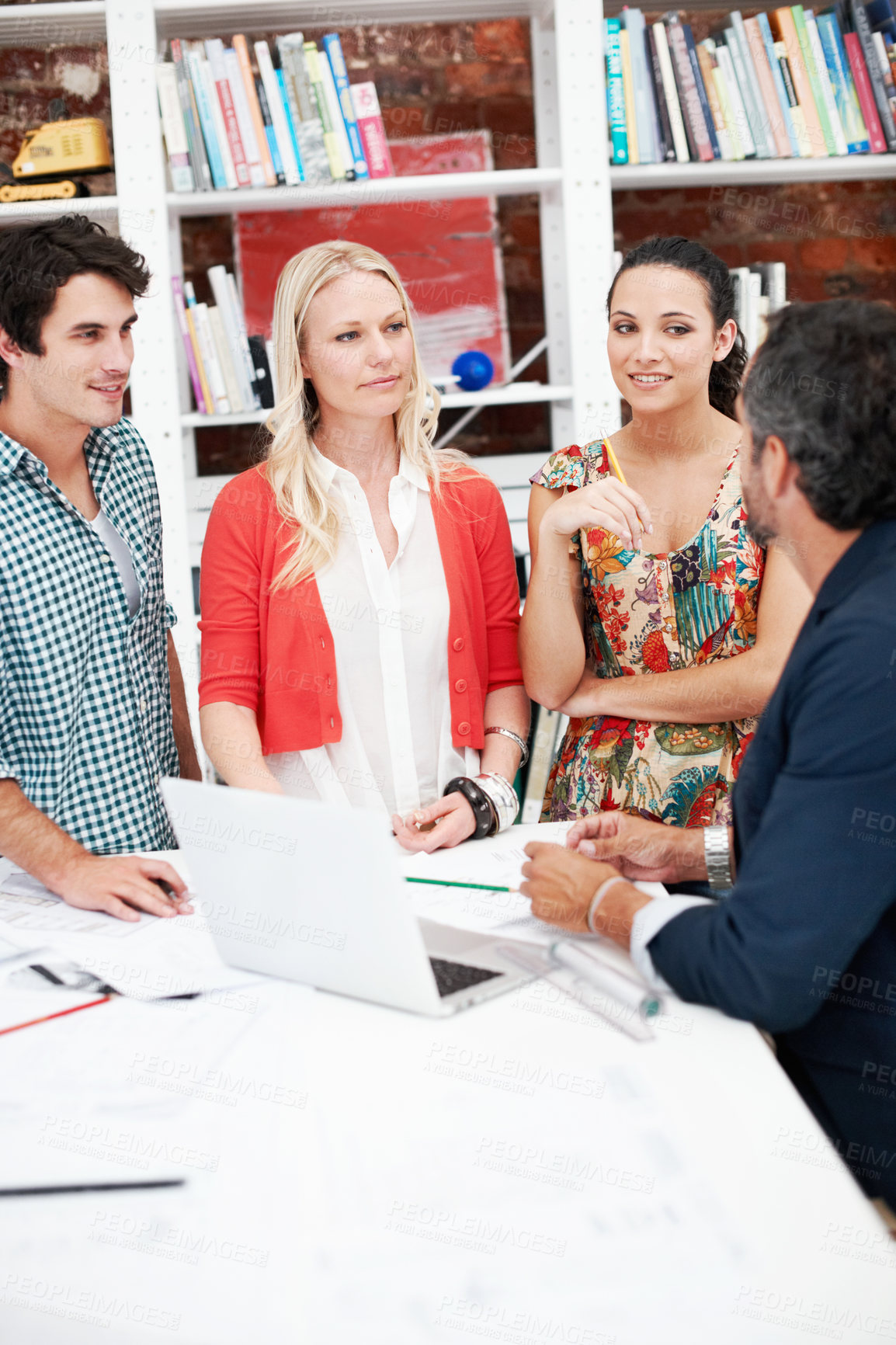 Buy stock photo Business, people and architect in meeting with laptop, blueprint and planning for architecture. Team, talk and pc in office with documents, floor plan and project information for building development