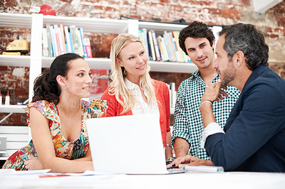 Buy stock photo Thinking, people and architect in meeting with laptop, research and blueprint for architecture. Team, planning and pc in workplace with documents, floor plan and information for building development