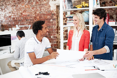 Buy stock photo Team, discussion and floor plan with business people in office for idea, property or building proposal. Architecture, blueprint or real estate layout with employees and documents for  design project