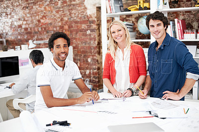 Buy stock photo Team, meeting and portrait with business people in office for about us, property or building proposal. Architecture, blueprint or real estate layout with employees and documents for  design project
