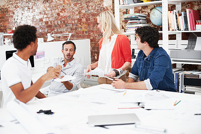 Buy stock photo Team, meeting and floor plan with business people in office for idea, property or building proposal. Architecture, blueprint or real estate layout with employees and documents for  design project