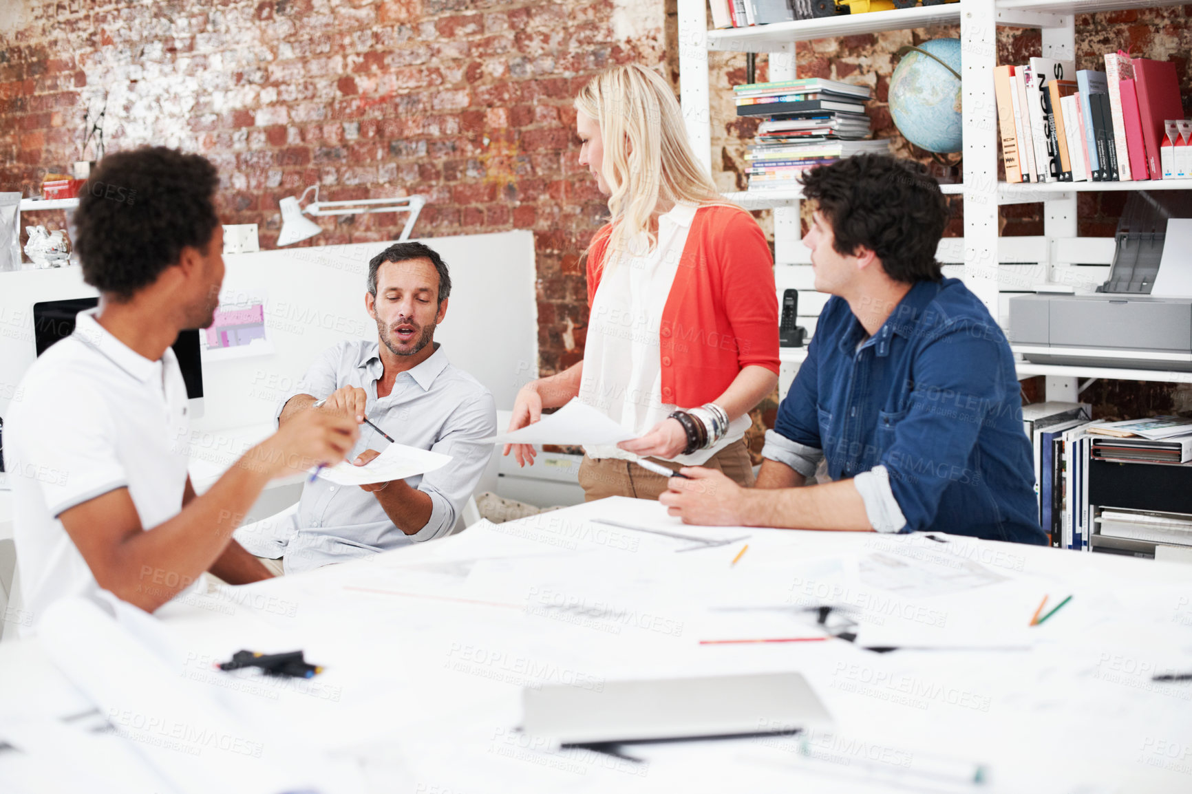Buy stock photo Team, meeting and floor plan with business people in office for idea, property or building proposal. Architecture, blueprint or real estate layout with employees and documents for  design project
