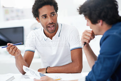 Buy stock photo Blueprint, team or men talk in office, schematic design or project development in creative startup. Architect, proposal or people with floor plan in meeting, construction paperwork or problem solving