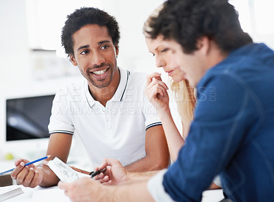 Buy stock photo Architect, man or team with blueprint in office for building review, property development or layout. Architecture meeting, people and floor plan for residential design, code compliance and discussion