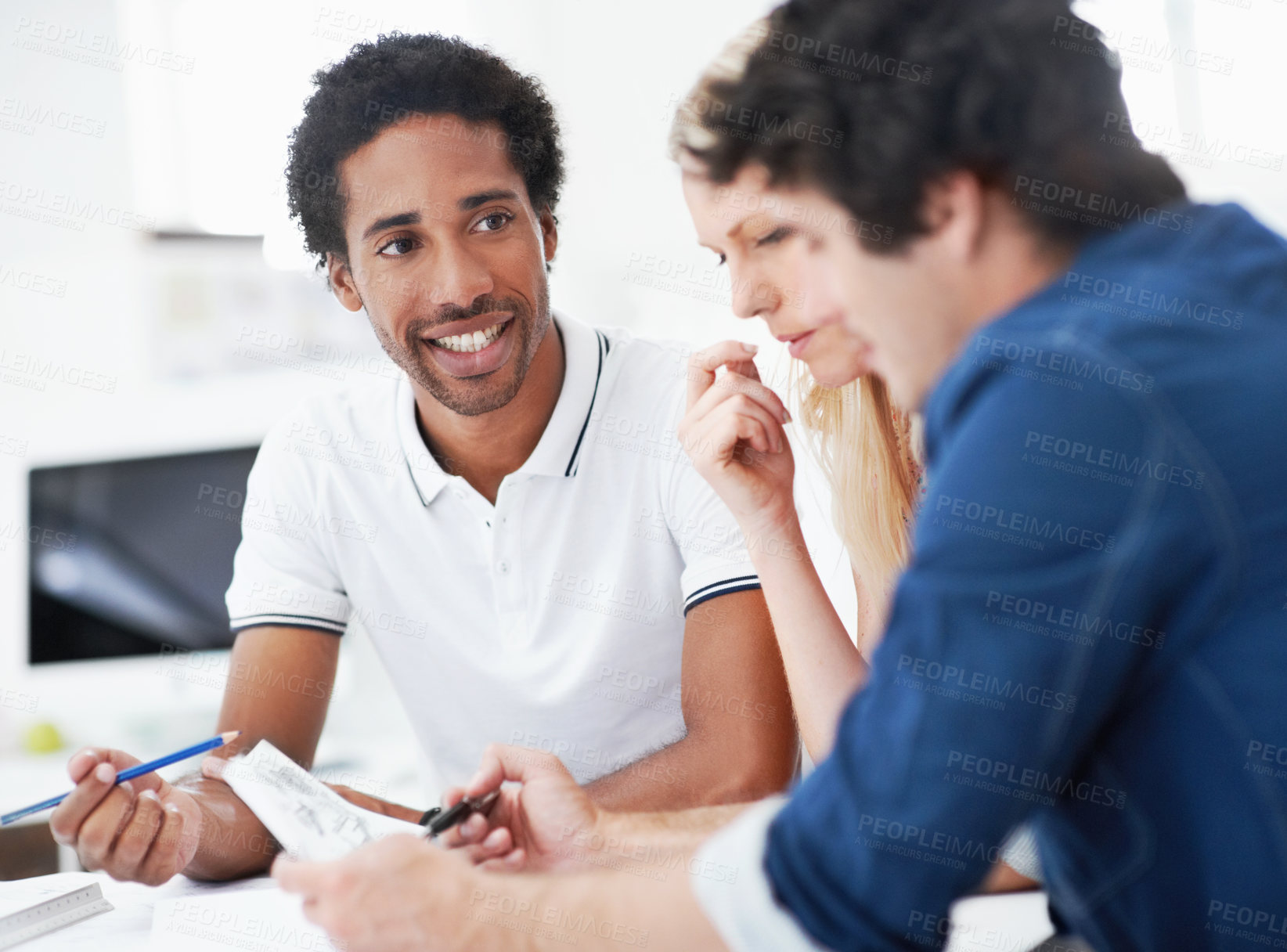 Buy stock photo Architect, man or team with blueprint in office for building review, property development or layout. Architecture meeting, people and floor plan for residential design, code compliance and discussion