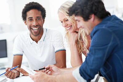 Buy stock photo Architect, man or laugh in meeting in office for design analysis, construction scheduling or layout. Happy, portrait or architecture team with compliance on spatial review, floor plan or project joke
