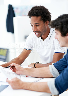 Buy stock photo Floor plan, team or men with proposal in meeting, schematic design or project development. Architect, talk or people with blueprint in office, construction paper or evaluation in creative startup