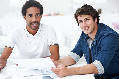 Buy stock photo Happy men, architect and team with blueprint in meeting for building design, development or about us. Portrait, construction designer and collaboration in creative startup with document in office