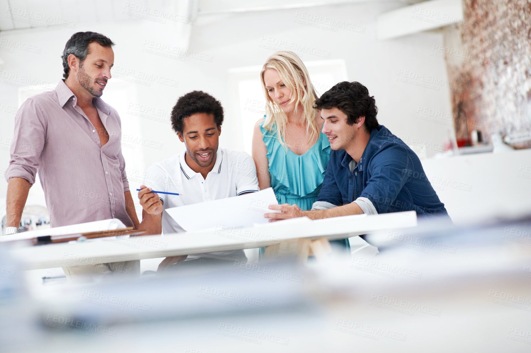 Buy stock photo Team, architects and planning with blueprint in office, real estate design or building discussion. Layout, people and architecture document in meeting, creative engineering or property development