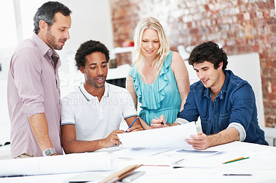 Buy stock photo Group, architects and planning with blueprint in office, real estate design or building discussion. Team, people and architecture document in meeting, creative engineering or property development