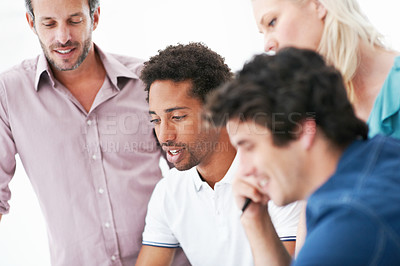Buy stock photo Creative, man and team with meeting in office for campaign launch, media pitch or story ideas. Public relations, people and talk in brainstorming session for press release, planning or industry news