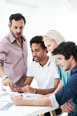 Buy stock photo Architect, meeting or team with blueprint in office for building design, spatial function or layout. Architecture, people and pointing to floor plan for safety regulations, code compliance and review