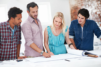 Buy stock photo Group, architects and discussion with blueprint in office, layout design or building development. Team, people and architecture document in meeting, creative engineering or floor plan at startup