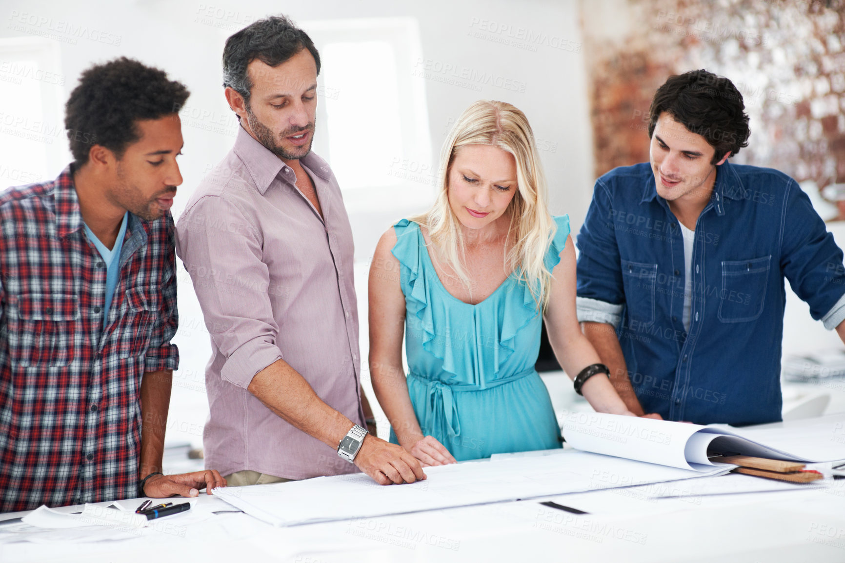 Buy stock photo Group, architects and discussion with blueprint in office, layout design or building development. Team, people and architecture document in meeting, creative engineering or floor plan at startup
