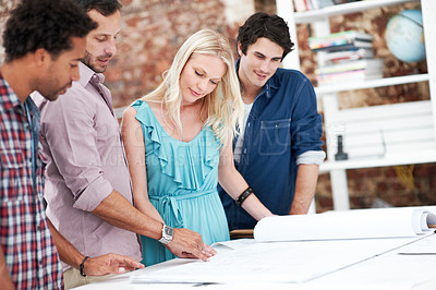 Buy stock photo Team, architects and discussion with blueprint in office, layout design or building development. Group, people and construction document in meeting, creative engineering or floor plan at startup
