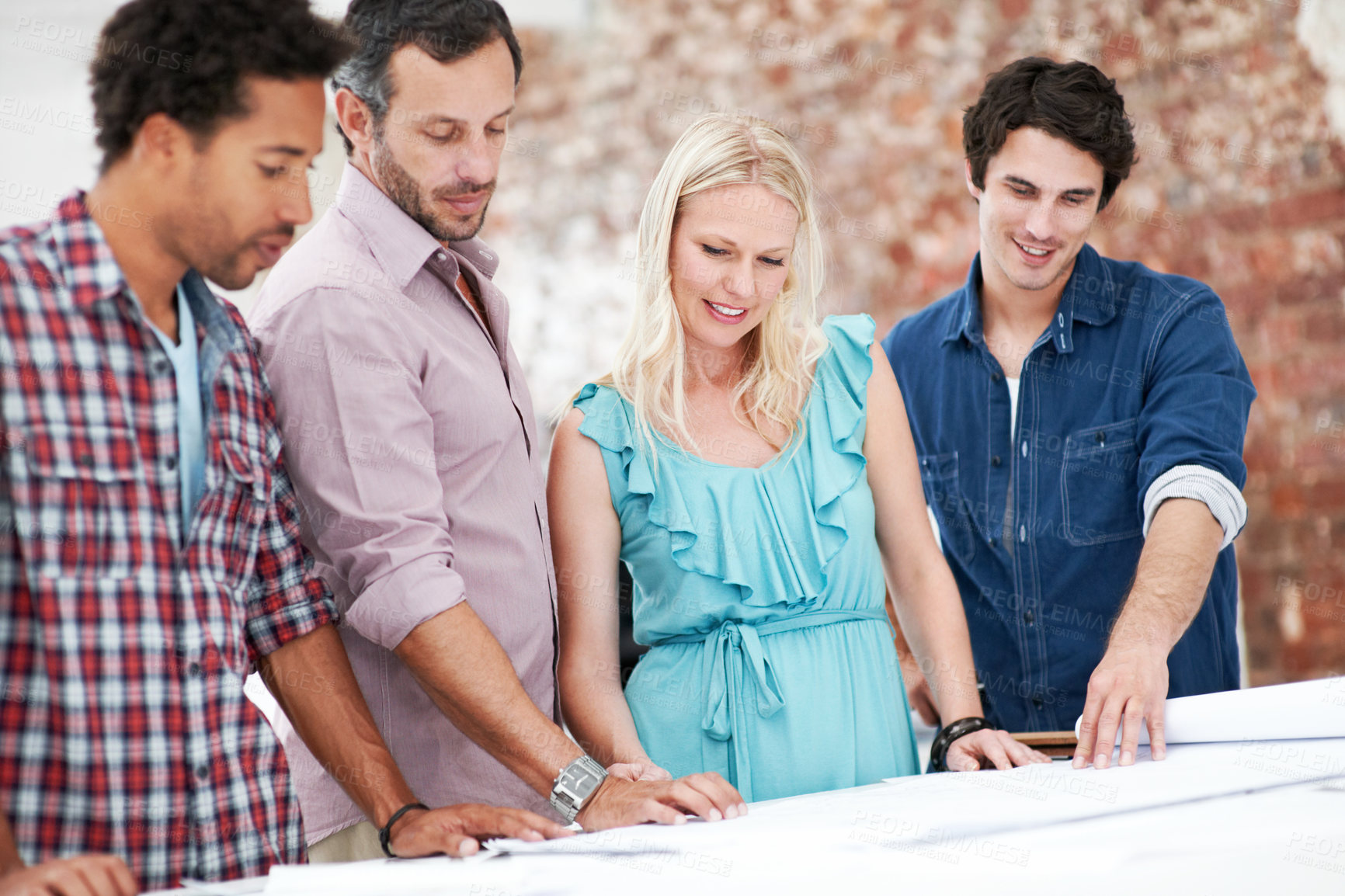 Buy stock photo Meeting, architects and planning with blueprint at startup, layout design or building development. Discussion, people or team with construction paperwork, creative strategy or collaboration in office