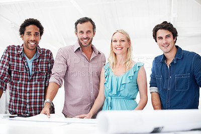 Buy stock photo Happy people, architect and portrait of group in meeting for building design, development or about us. Smile, construction team and collaboration in creative startup with blueprint document in office