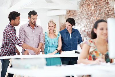 Buy stock photo Architect, discussion and team with floor plan in meeting, creative and real estate design in office. Architecture, designer and people with paperwork, collaboration and property development ideas