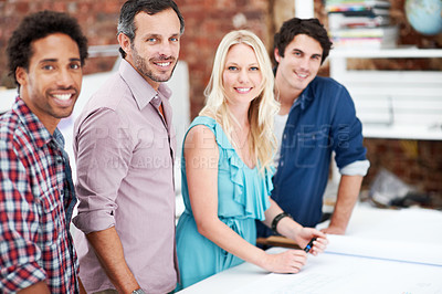 Buy stock photo Happy people, architect and portrait of team in meeting for building design, development or about us. Smile, construction designer and collaboration in creative startup with blueprint in office