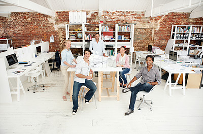 Buy stock photo Architect, creative and portrait of team in office together for design, development or support. About us, collaboration and smile of engineering group in workplace for building or construction career