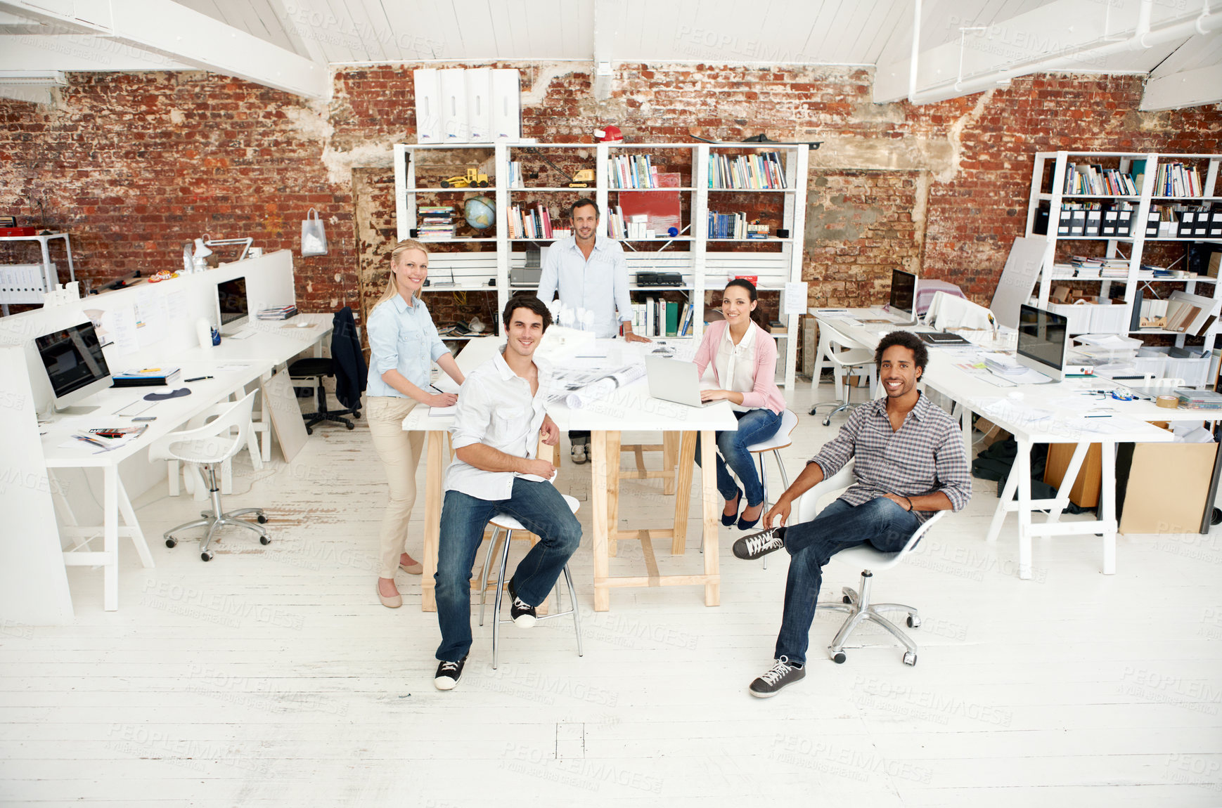 Buy stock photo Architect, creative and portrait of team in office together for design, development or support. About us, collaboration and smile of engineering group in workplace for building or construction career