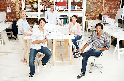 Buy stock photo Architect, meeting and portrait of team in office together for design, development or support. About us, creative and smile of engineering group in workplace for building or construction planning