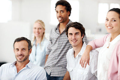 Buy stock photo About us, architect and portrait of people in office together for collaboration, design or support. Creative, smile and teamwork with engineering group at work for building or construction career