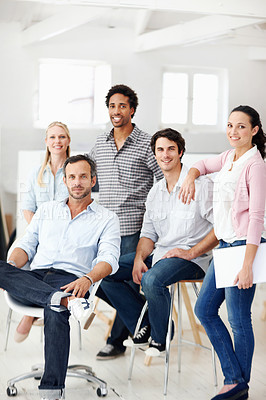 Buy stock photo Architecture, collaboration and portrait of people in office together for design, development or support. About us, creative and smile of engineering group at work for building or construction career