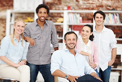 Buy stock photo About us, architecture and portrait of engineering team in office together for design or development. Collaboration, smile and support with group in creative workplace for building or construction