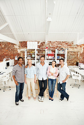 Buy stock photo About us, architect and portrait of team in office together for design, development or support. Collaboration, creative and smile of engineering group in workplace for building or construction career