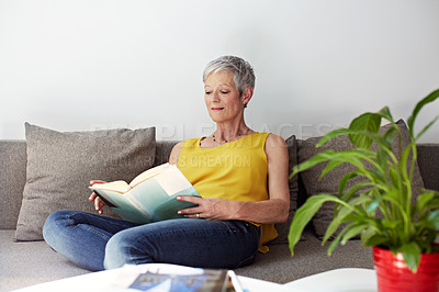 Buy stock photo Shot of a mature woman sitting on her sofa reading a book