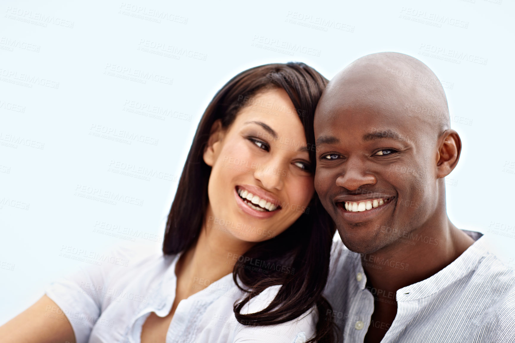 Buy stock photo Love, smile and date with interracial couple outdoor for forehead touch, bonding and connection. Relax, marriage and commitment with portrait of man and woman in nature for support, loyalty and trust