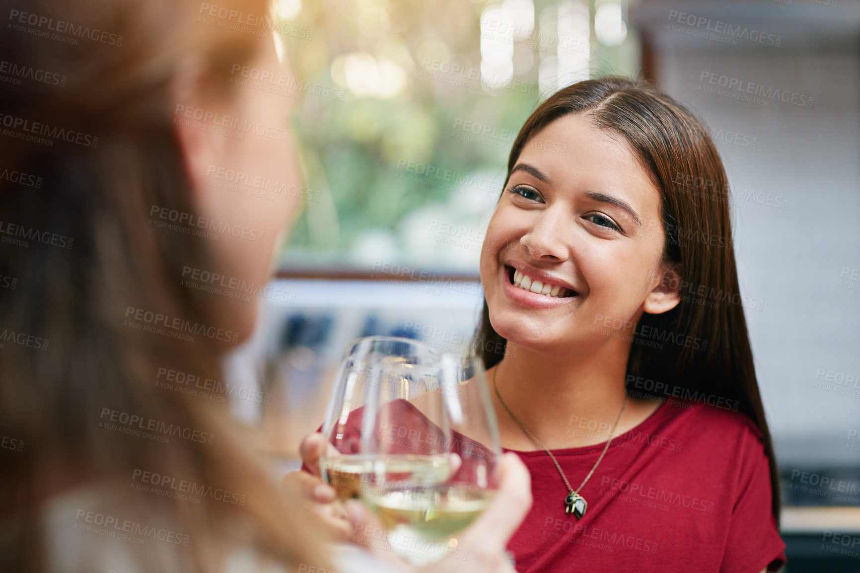 Buy stock photo Shot of two friends standing in a kitchen drinking wine together