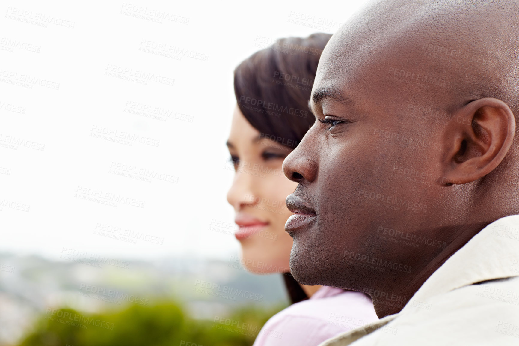 Buy stock photo Love, thinking and relax with interracial couple outdoor for space, bonding and connection. Date, marriage and commitment with man and woman in nature for support, loyalty and vision together