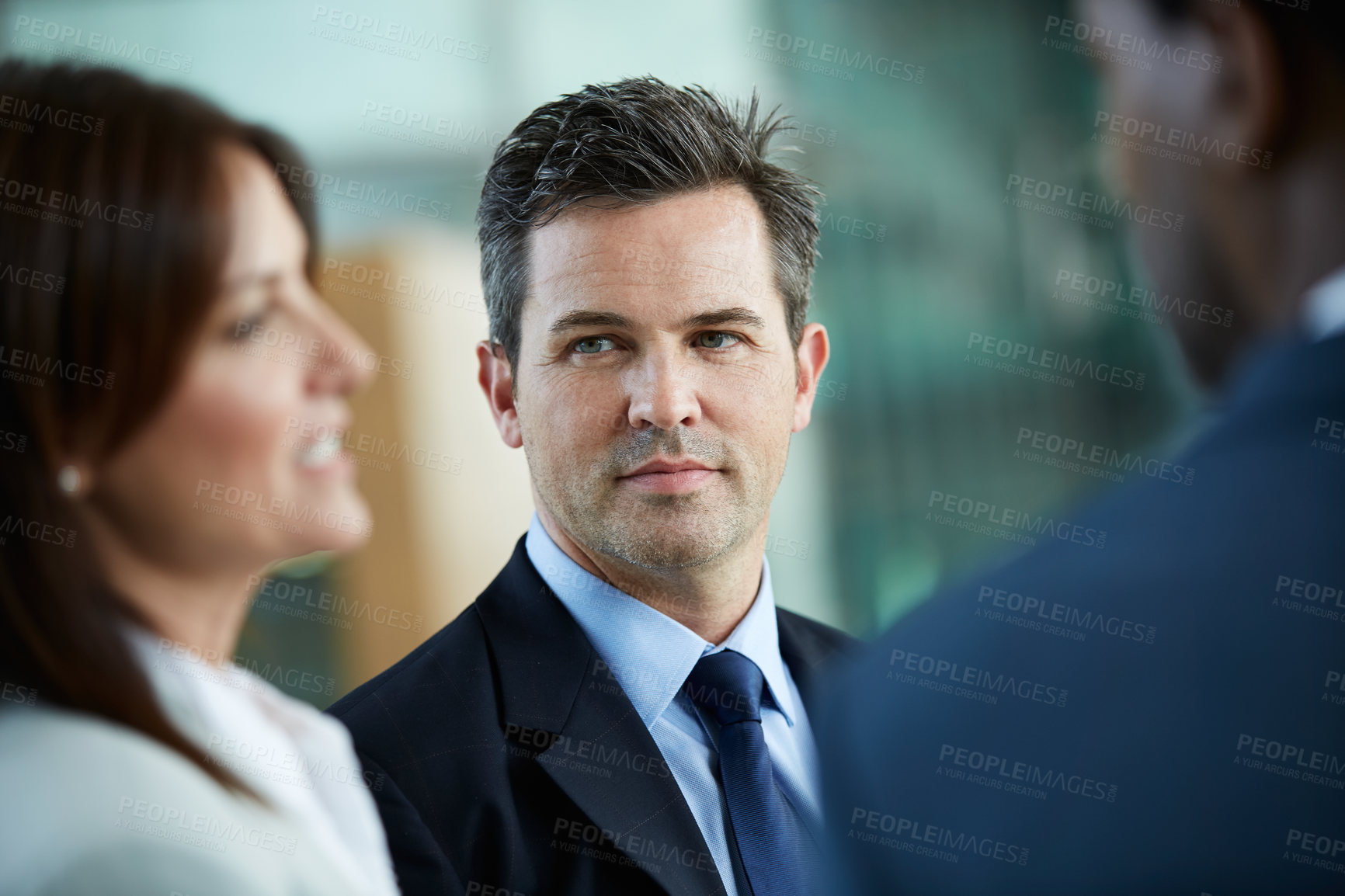 Buy stock photo Meeting, team and professional with business man at conference for discussion, seminar or planning. Workshop, convention or corporate advisor with employees in agency for development and tradeshow