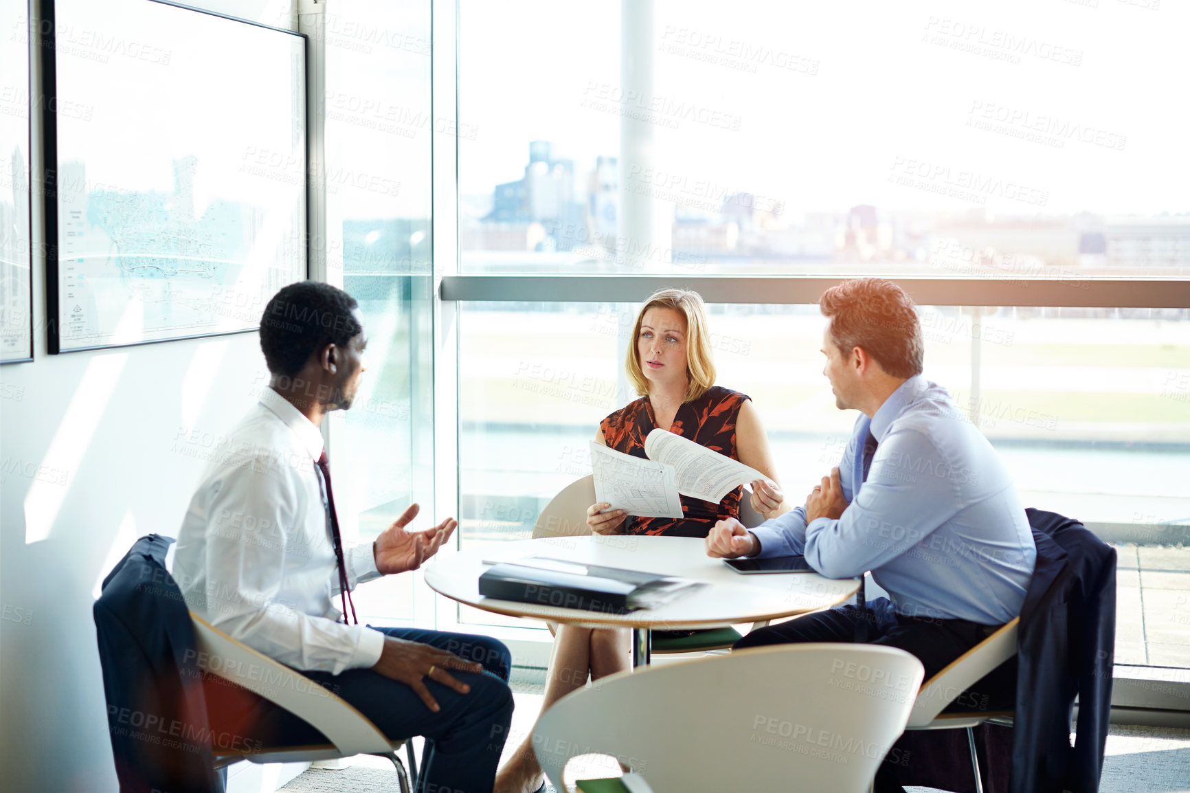 Buy stock photo Paperwork, discussion and business people in office with teamwork for finance report with revenue. Meeting, documents and financial advisors with investor client for investment proposal in workplace.