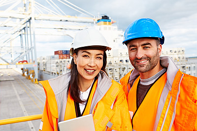 Buy stock photo Portrait of a two workers standing on a large commercial dock