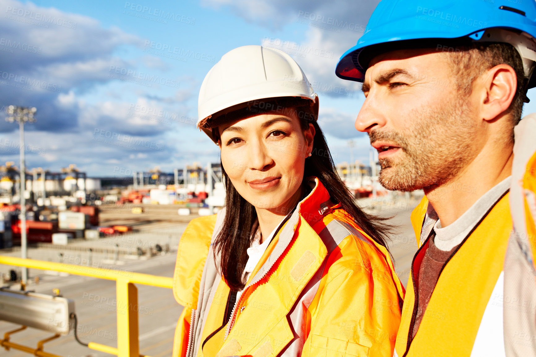 Buy stock photo Supply chain, team and collaboration in port for quality control, management or shipping meeting. Portrait, mature foreman and people in shipyard with engineer, inspection and safety compliance